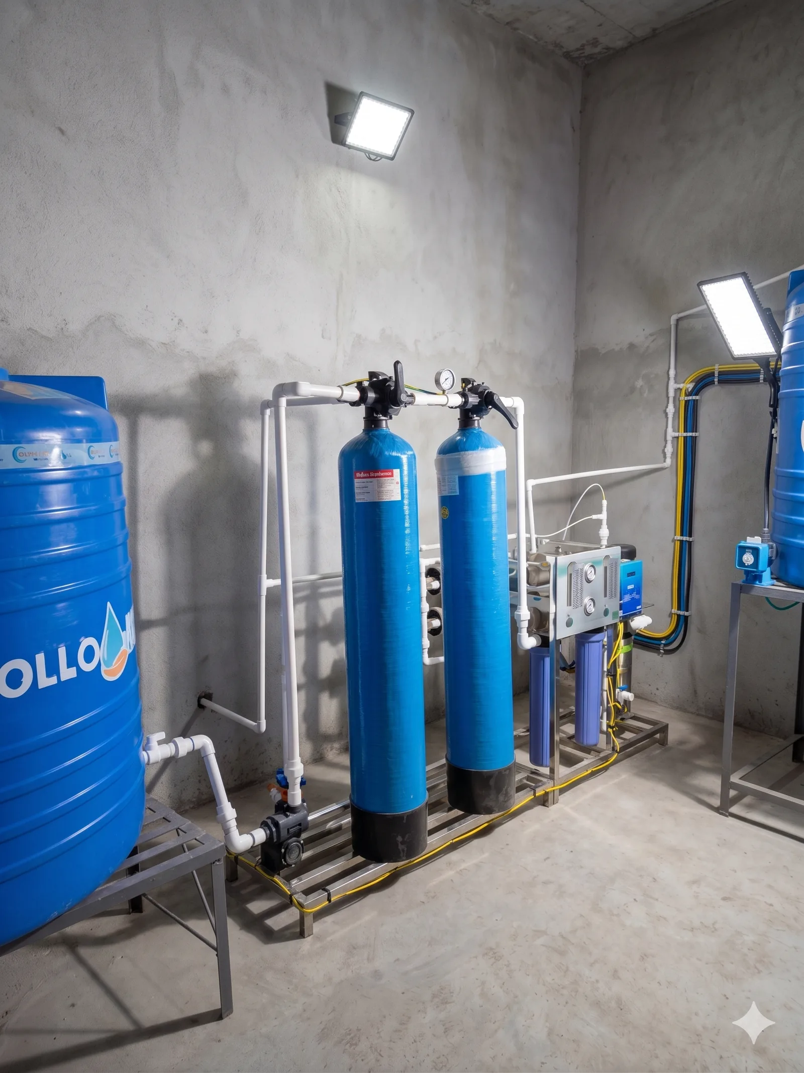 Basement plant room with pressure filters, RO unit and storage tanks of the kind that supply a commercial building