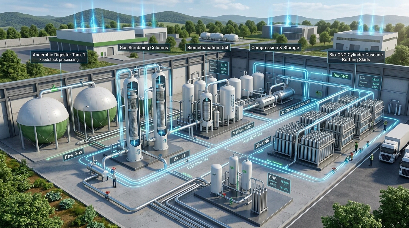 Process diagram of a Bio-CNG refinery: anaerobic digesters, gas holder, membrane upgrading, compression cascade and manure recovery