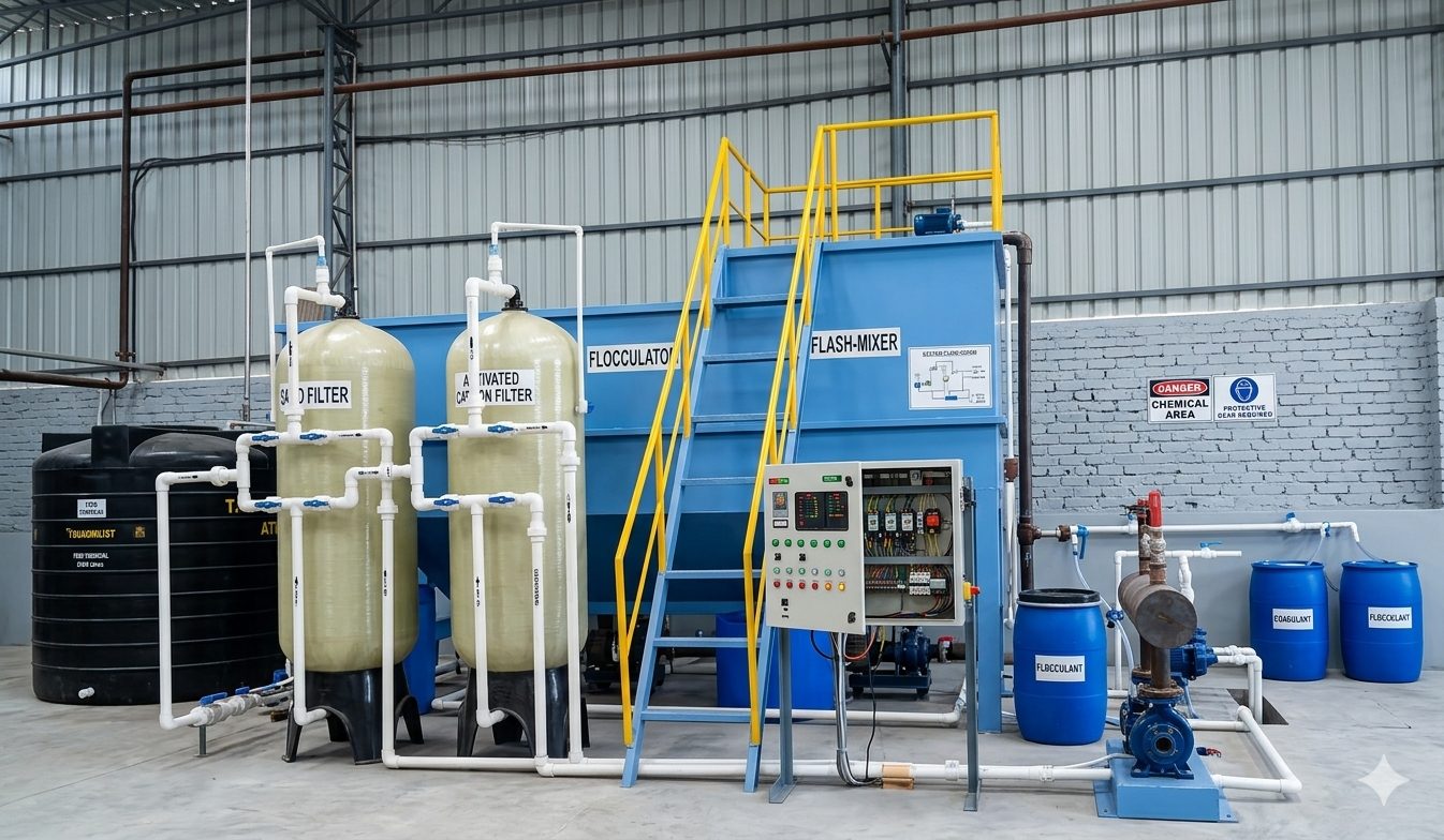 Packaged effluent treatment plant with chemical dosing and pressure filters for tannery wastewater