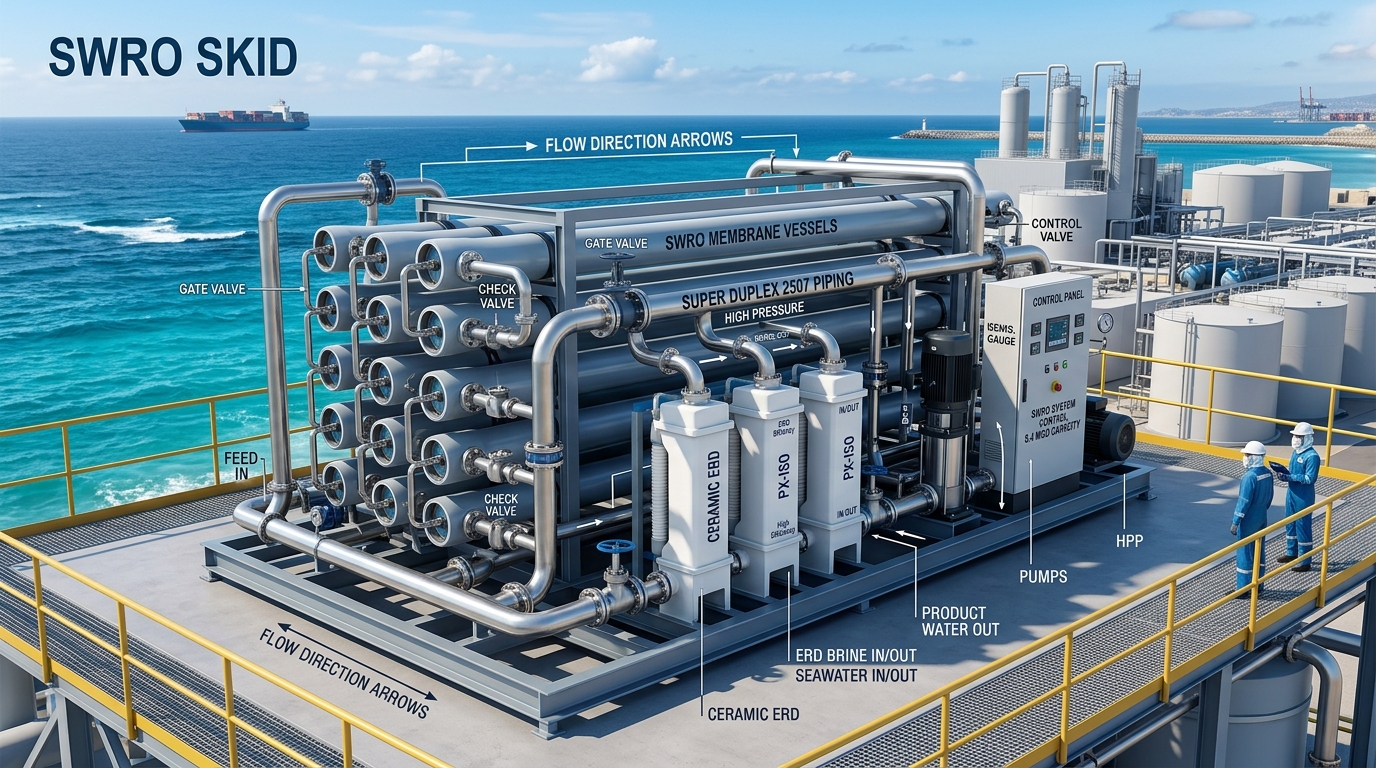 Seawater reverse osmosis desalination plant diagram showing intake, pre-treatment, high-pressure pumps, membranes and energy recovery