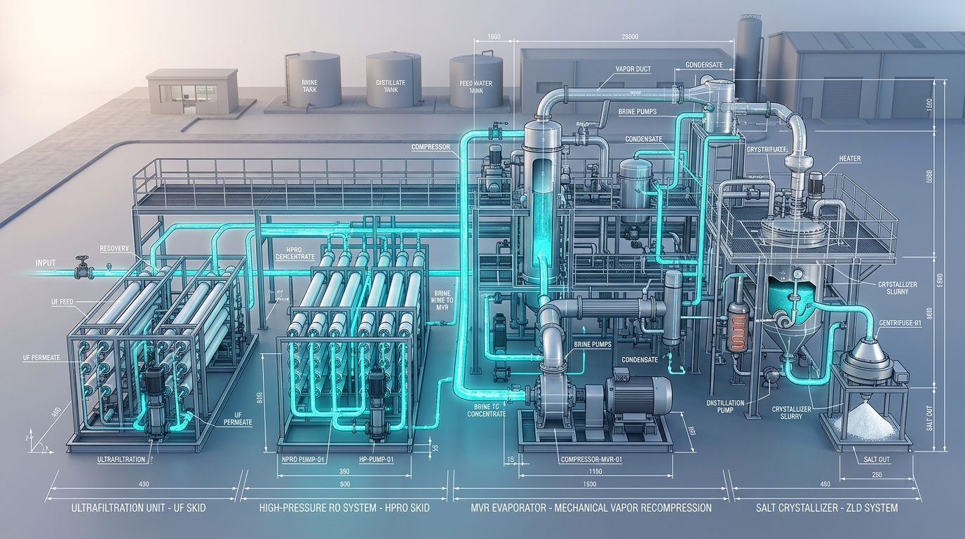 Zero liquid discharge plant flow diagram showing effluent treatment, reverse osmosis, evaporator and dryer stages